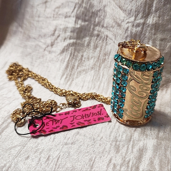 Betsey Betsy Johnson Aquamarine Rhinestone Coca Cola Coke Soda Can Necklace NWT - Picture 2 of 16